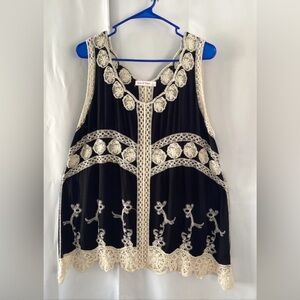 Ana & Rose Black Boho Crochet Lace Tank Top L – Festival Hippie Embroidery Retro